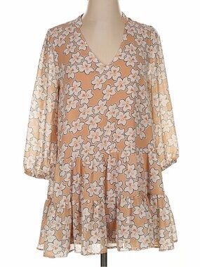 MELLODAY 3/4 Sleeve Tan & White Floral V-Neck Tunic/Dress Size L NWOT